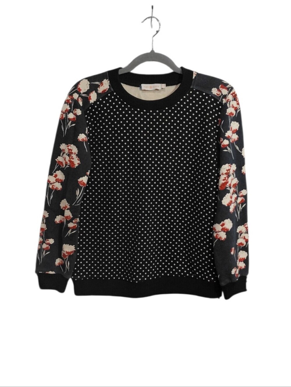 Tory Burch Black Polka Dot Sweater with Floral Sleeves
